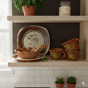 Crate&Barrel Terracotta Redware Ceramic Bowl and Spoon Set Designer Bret Botner